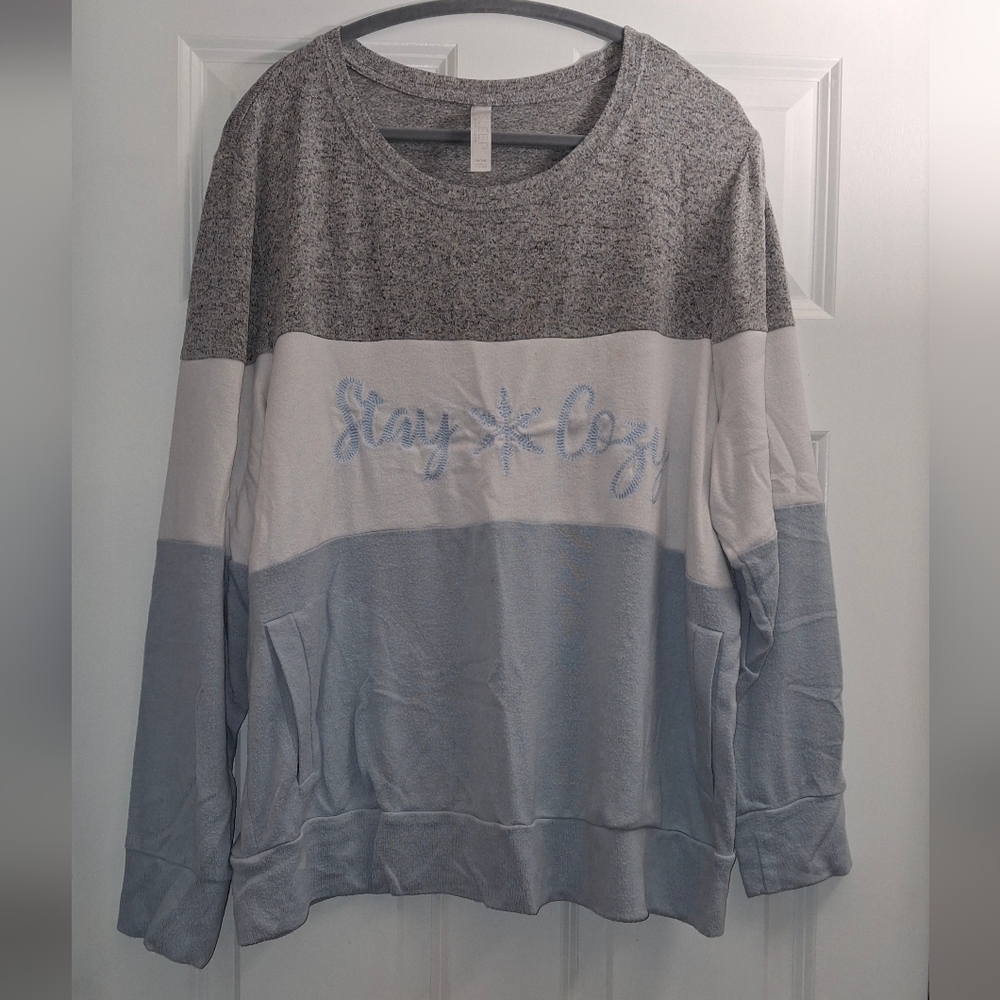 Cacique Colorblock 'Stay Cozy' Lightweight Sweatahirt- Gray/White/Blue 18/20